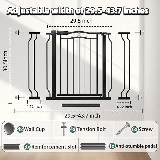 29.53"-43.30" Mornyray Auto-Close Baby Gate Extra Wide, Pressure Mounted Dog &amp; Pet Gate for Stairs Doorways, No Drill Safety Barrier with Lace Design, Metal Child Proof Gate Indoor Outdoor, Black