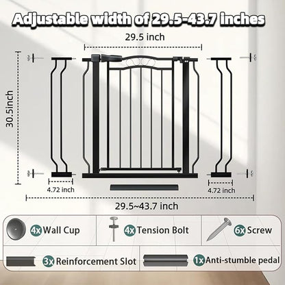 29.53"-43.30" Mornyray Auto-Close Baby Gate Extra Wide, Pressure Mounted Dog &amp; Pet Gate for Stairs Doorways, No Drill Safety Barrier with Lace Design, Metal Child Proof Gate Indoor Outdoor, Black