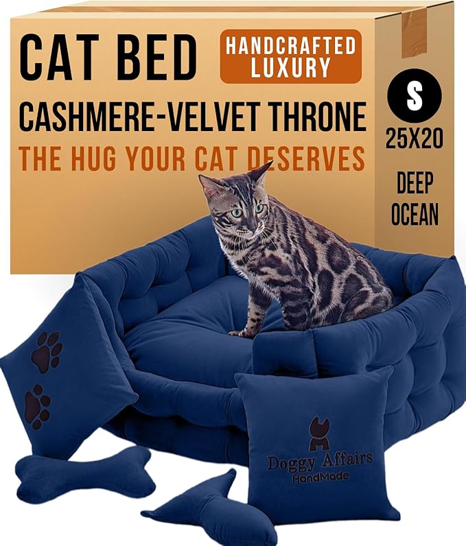 Luxury Cat and Dog Bed Chesterfield – Handcrafted Velvet Throne for Dogs | Joint Support, Calming &amp; Temp-Regulating Comfort | Durable 5+ Years, Anti-Claw, Washable 100+ Times – S, Blue