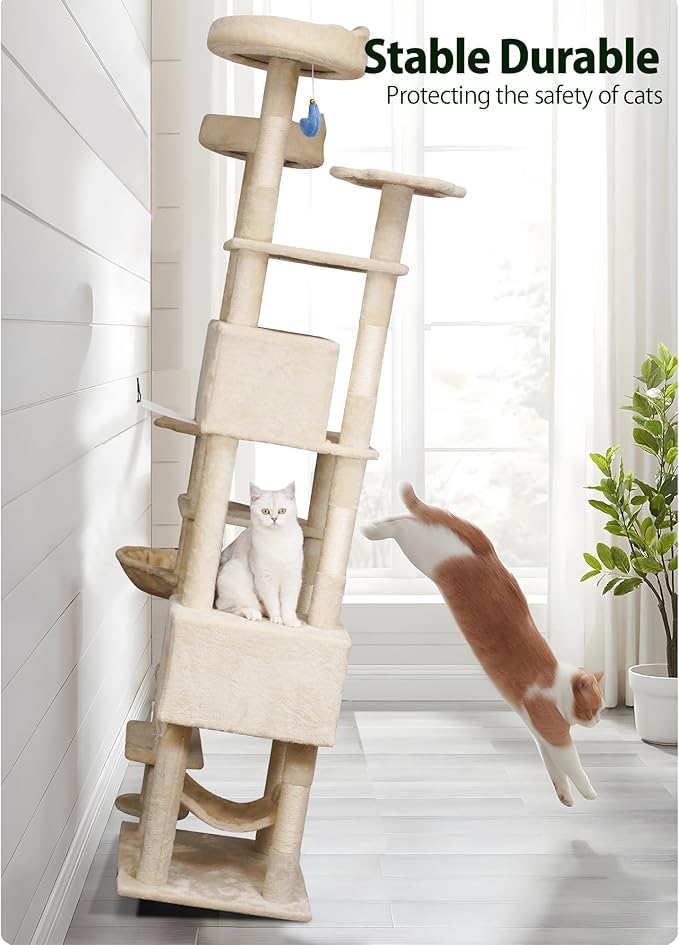 85inch Heavy Duty Cat Tree for Indoor Cats Large Adult, Tall Giant Cat Tower with Scratching Post, Large Perches, Cozy Cat Condos &amp; Hanging Hammocks, Beige