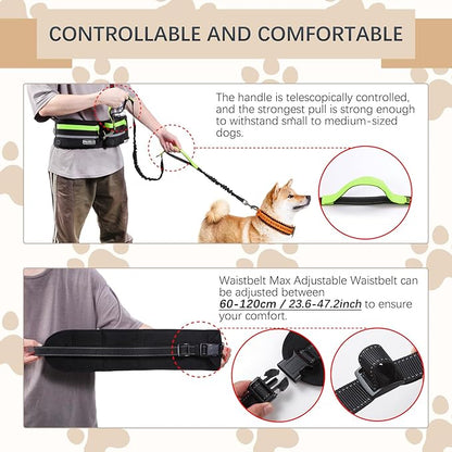 Hands-Free Waist Leash with Pouch for Two Dogs: Reflective Stitching, Dual Handle &amp; Bungee Retractable Design – Ideal for Medium to Large Dogs (Green) – Dog Walking Accessories