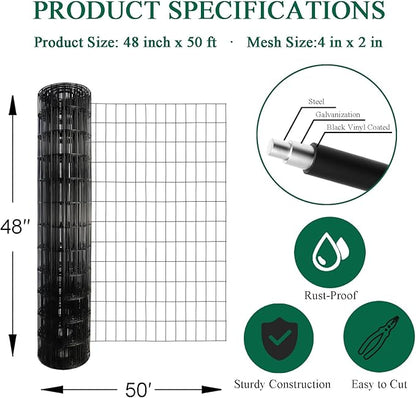 Black PVC Coated Welded Wire Fence 48 Inch x 50 Foot, 2 Inch x 4 Inch 14GA, Garden Border Fencing Roll Vinyl Coating Metal Wire Mesh Hardware Cloth for Yard Vegetable Plant Protection