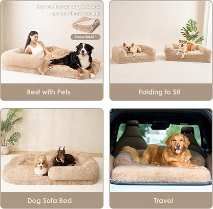 EHEYCIGA Foldable XXL Dog Bed, Faux Fur Fluffy Pet Couch Bed for Extra Large Dogs, Orthopedic Calming Memory Foam Big Pet Bed, Washable Soft Pet Sofa Bed with Non-Slip Bottom, Camel, 54"x38"x7.5"