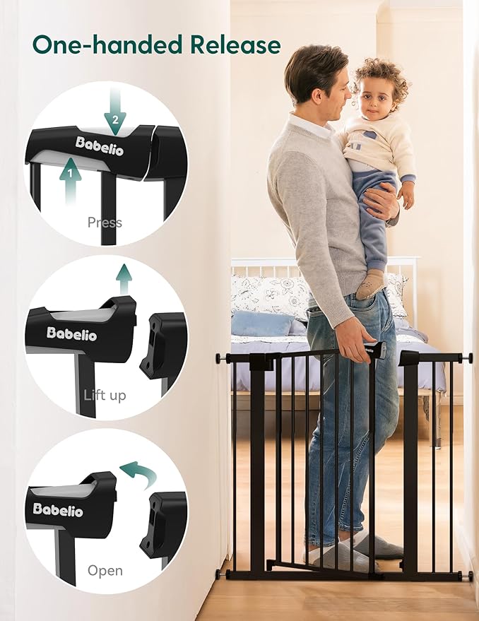 BABELIO 36" Tall Baby Gate, 29-48" Auto-Close &amp; Pressure Mounted, Black Steel Dog Gate for Stairs &amp; Doorways
