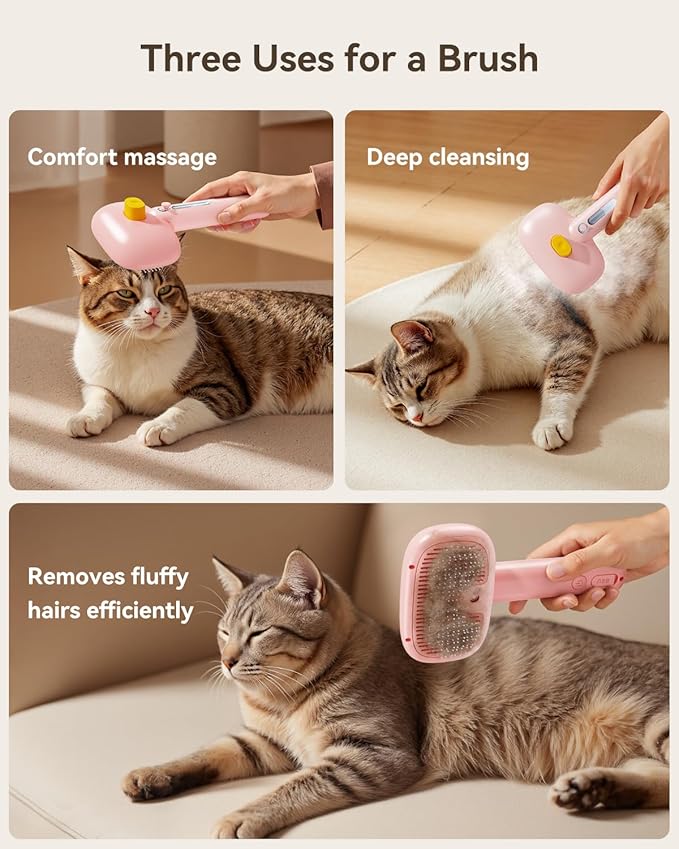 ROJECO 3-in-1 Pet Steam Brush for Cats&amp;Dogs - Detangling Comb with Adjustable Mist, Handheld Deshedding Grooming Tool for Long/Short Hair, Massage Brush &amp; Shedding Control Gift,Cordless,Pink