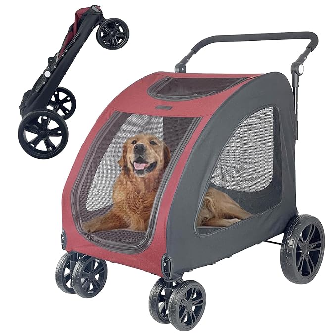 Extra Large Dog Stroller for Medium &amp; Large Pets - Foldable Design, Adjustable Handle, Up to 130 lbs(Red)