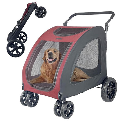 Extra Large Dog Stroller for Medium &amp; Large Pets - Foldable Design, Adjustable Handle, Up to 130 lbs(Red)