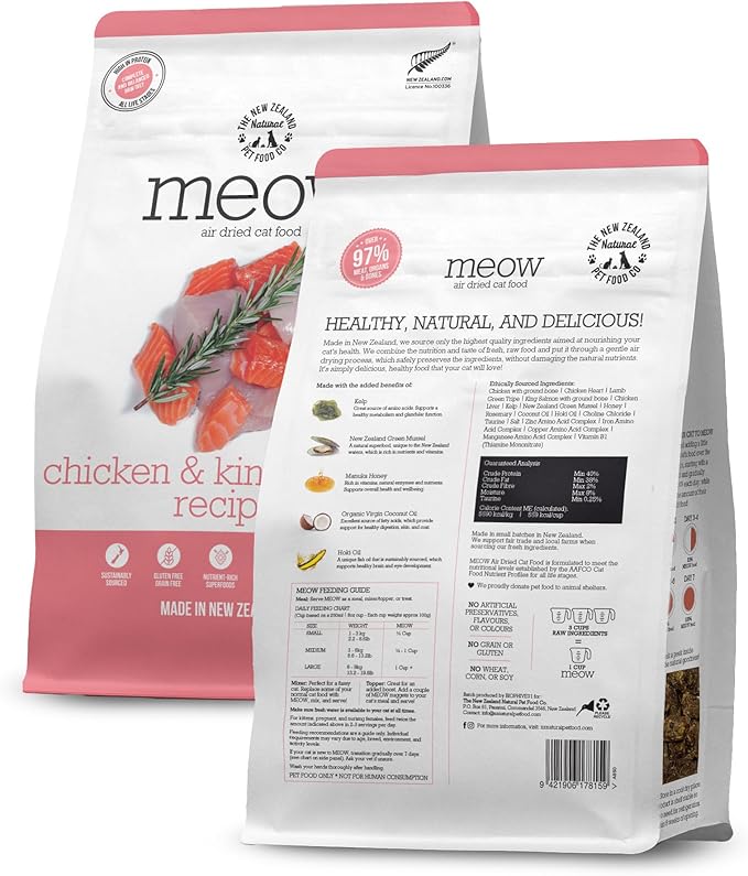 Meow Air Dried Cat Food - Chicken &amp; King Salmon Recipe, Dry Cat Food, High Protein Meals, Treats &amp; Toppers,26.5 oz