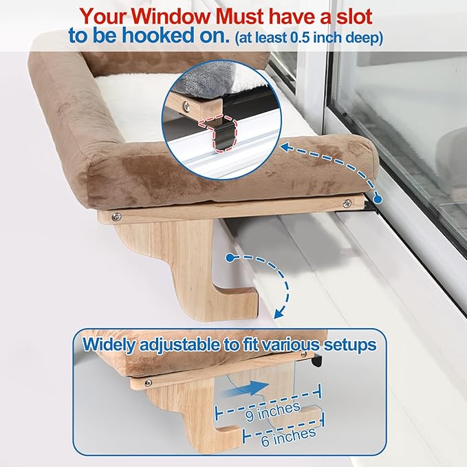 Cat Perch for Window Sill with Bolster - Orthopedic Hammock Design with Premium Hardwood &amp; Robust Metal Frame - Cat Window Seat for Large Cats and Kittens - Dark Stained Wood with Gray Bed