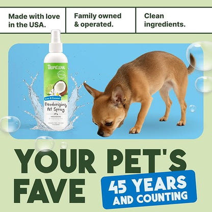 TropiClean Dog Perfume, Long Lasting Lime &amp; Coconut Cologne, Deodorizing Spray for Smelly Dogs, After Bath Detangling Spray with Vitamin E, Safe for Cats, 8oz.