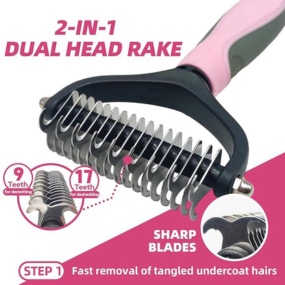 Pet Grooming Kit - 7 PCS Deshedding Brush Set with Slicker, Undercoat Rake, Bath Brush &amp; Nail Clipper for Short &amp; Long Haired Dogs, Cats (Pink)