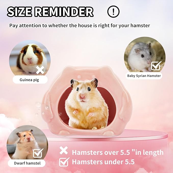 Bear-Shaped Hamster Hideout &amp; Food Bowl Set - Ceramic Habitat for Syrian Dwarf Hamsters, Mice, Gerbils - All-Season Use, Chew-Proof Ceramic House and Feeding Dish for Small Pets(Pink)