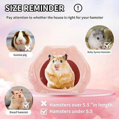 Bear-Shaped Hamster Hideout &amp; Food Bowl Set - Ceramic Habitat for Syrian Dwarf Hamsters, Mice, Gerbils - All-Season Use, Chew-Proof Ceramic House and Feeding Dish for Small Pets(Pink)
