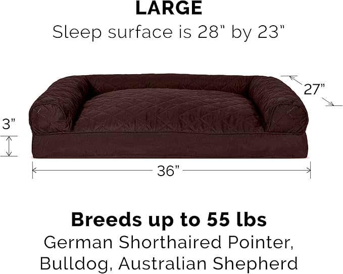 Furhaven Pillow Dog Bed for Large/Medium Dogs w/ Removable Bolsters &amp; Washable Cover - Quilted Sofa - Coffee, Large