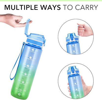32oz Motivational Water Bottles with Time Marker &amp; Fruit Strainer, Transparent Gradient Color Water Bottle with Times to Drink, Leakproof &amp; BPA Free, Reusable Bottle with Strap (No Straw)
