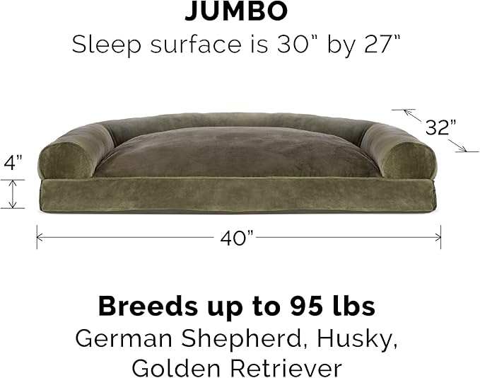 Furhaven Pillow Dog Bed for Large Dogs w/ Removable Bolsters &amp; Washable Cover - Faux Fur &amp; Velvet Sofa - Dark Sage, Jumbo/XL