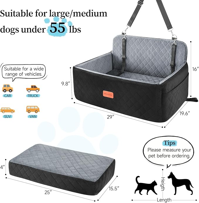 Dog Car Seat for Medium/Large Dogs, Pet Booster Seat for Under 55 lbs or 2 Small Dogs, Detachable &amp; Washable Dog Car Bed for Backseat with 2 Safety Leashes (Black/Grey)