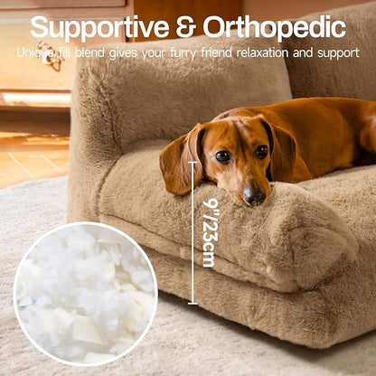 MEWOOFUN Cat Bed for Indoor Cats, Washable Dog Beds for Small Medium Dogs &amp; Cats, Fluffy Cat Couch with Non-Slip Bottom, 26×19×13 Inch (Camel, 33.5" L x 25.6" W x 11.5" Th)