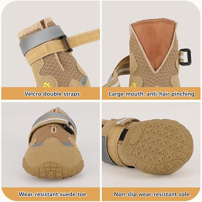 Dog Shoes, FISHOAKY Dog Shoes for Large Dogs, Mesh Breathable Dog Boots &amp; Paw Protectors for Summer Hot Pavement Winter Snowy, 360°Anti Slip 4Pcs Dog Booties with Reflective Khaki (Size 4)