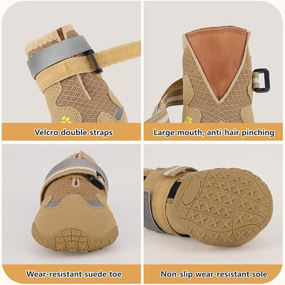 Dog Shoes, FISHOAKY Dog Shoes for Large Dogs, Mesh Breathable Dog Boots &amp; Paw Protectors for Summer Hot Pavement Winter Snowy, 360°Anti Slip 4Pcs Dog Booties with Reflective Khaki (Size 4)