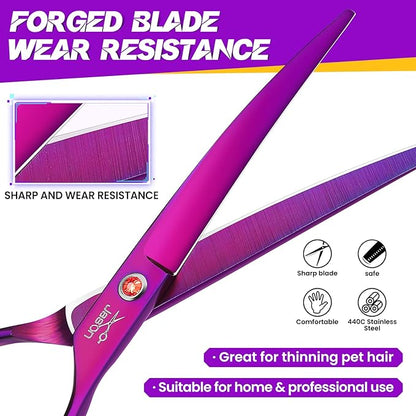 JASON 7.5" Dog Grooming Scissor - Professional Down-curved Shear with Ergonomic Handle Japanese Stainless Steel Trimming Scissor for Dogs, Cats and Other Pets, Sharp (Curved, Purple)