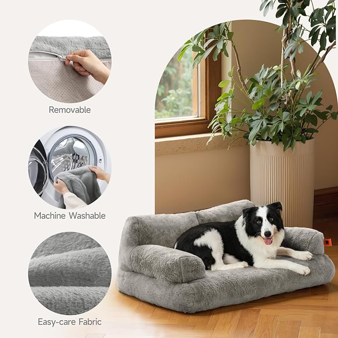 MEWOOFUN Cat Bed for Indoor Cats, Washable Dog Beds for Small Medium Dogs &amp; Cats, Fluffy Cat Couch with Non-Slip Bottom (Grey, 33.5" L x 25.6" W x 11.5" Th)
