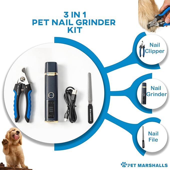 3-in-1 Cat &amp; Dog Nail Grinder with Clipper &amp; File, Quiet LED Trimmer, 3-Speed Pet Grooming Tool, Rechargeable 2000mAh Battery
