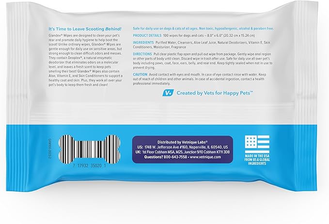 Vetnique Labs Glandex Dog Wipes for Pets Cleansing &amp; Deodorizing Anal Gland Hygienic Dog &amp; Cat Wipes with Vitamin E, Skin Conditioners and Aloe (100ct Pouch)