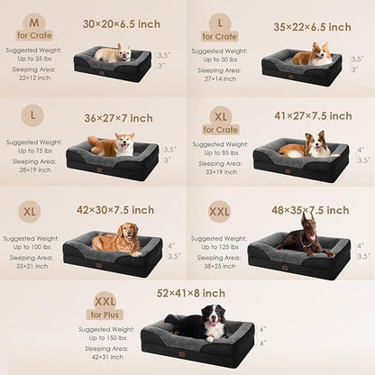 EHEYCIGA Memory Foam XXL Dog Bed for XLarge Sized, Orthopedic Dog Sofa with Sides and Waterproof Liner, Washable Bolster Pet Couch with Removable Cover, 52x41x8 Inch, Grey/Black