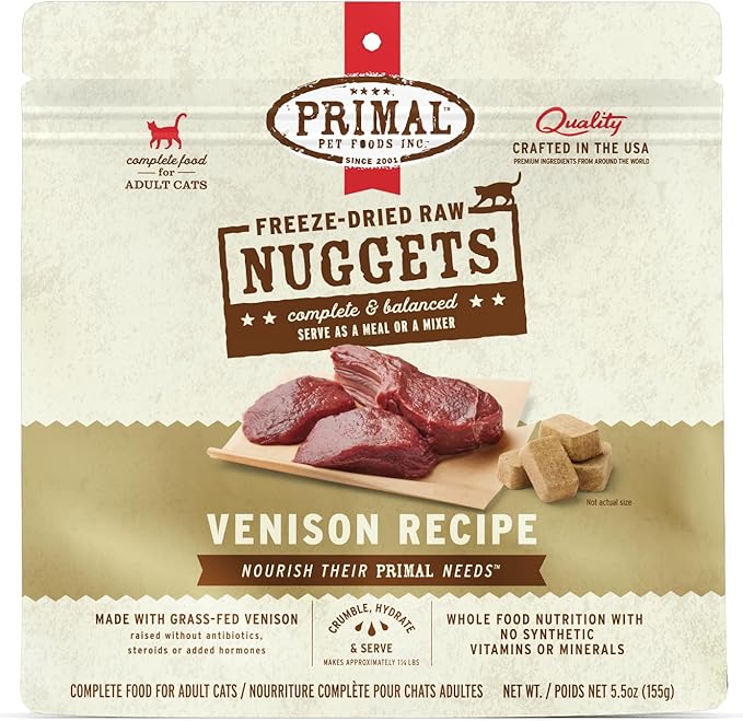 Primal Freeze Dried Raw Cat Food Nuggets Venison, Complete &amp; Balanced Meal or Topper, Premium, Healthy, Grain Free, High Protein Raw Cat Food with Probiotics (5.5 oz)