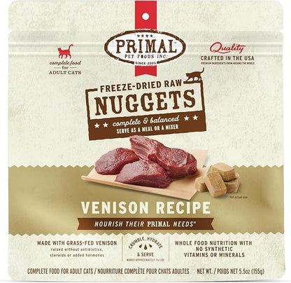 Primal Freeze Dried Raw Cat Food Nuggets Venison, Complete &amp; Balanced Meal or Topper, Premium, Healthy, Grain Free, High Protein Raw Cat Food with Probiotics (5.5 oz)