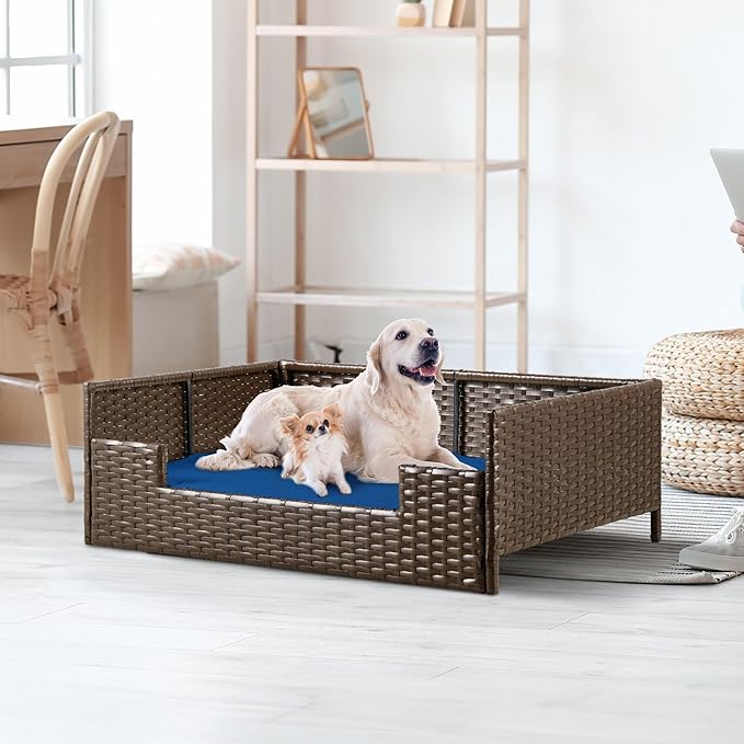 YITAHOME Rattan Dog Sofa Bed with Cushion, Wicker Pet Bed Sofa Couch Indoor Outdoor Waterproof for Large Medium Small Dogs Cats (38.6&