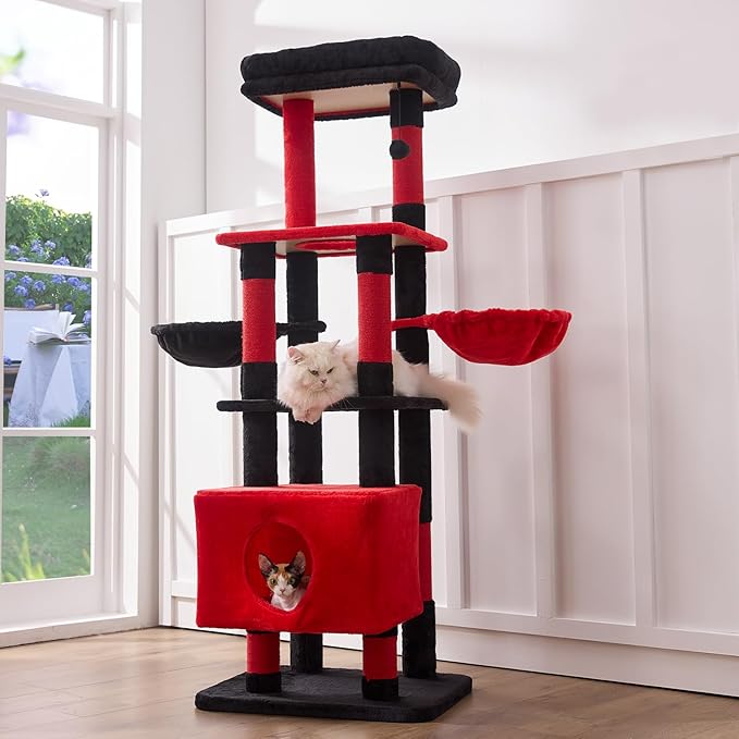 Gardner Pet 65in Heavy Duty Cat Tree Tower for Large Cats, Multi-Level Cat Furniture with Replaceable Sisal Scratching Post, Hammock | Extra-Large Platform &amp; Condo (Black Red, Basic φ:2.84")