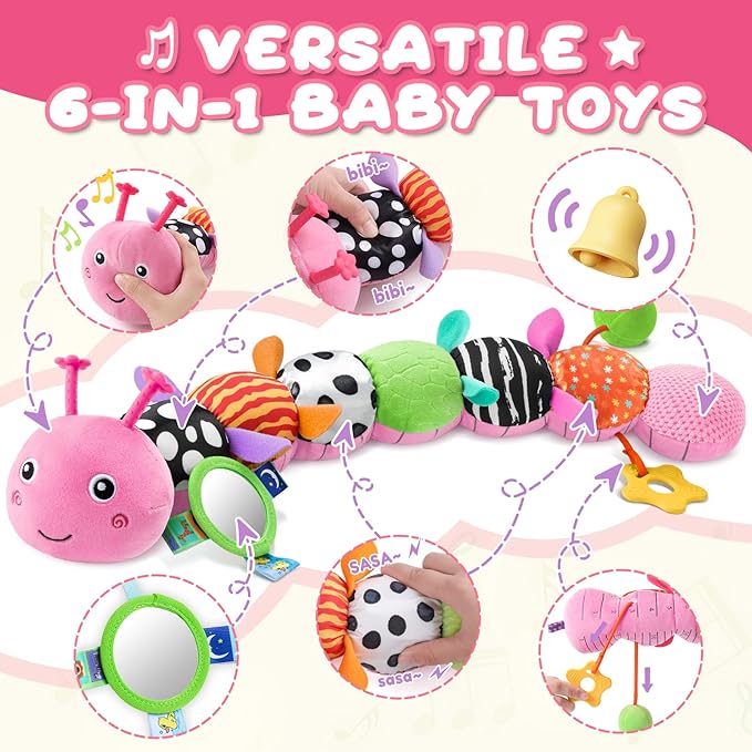 Baby Toys 0-6-12 Months,Musical Caterpillar Stuffed Animals Activity Infant Toys with Crinkle,Rattles,Mirror&amp;Pull String,Muti-Sensory Toys Gifts for Newborn Tummy Time,Candy Pink|Leafy