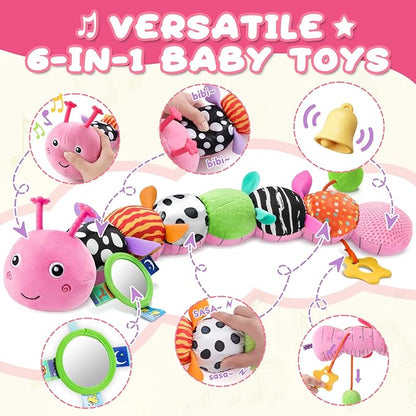Baby Toys 0-6-12 Months,Musical Caterpillar Stuffed Animals Activity Infant Toys with Crinkle,Rattles,Mirror&amp;Pull String,Muti-Sensory Toys Gifts for Newborn Tummy Time,Candy Pink|Leafy