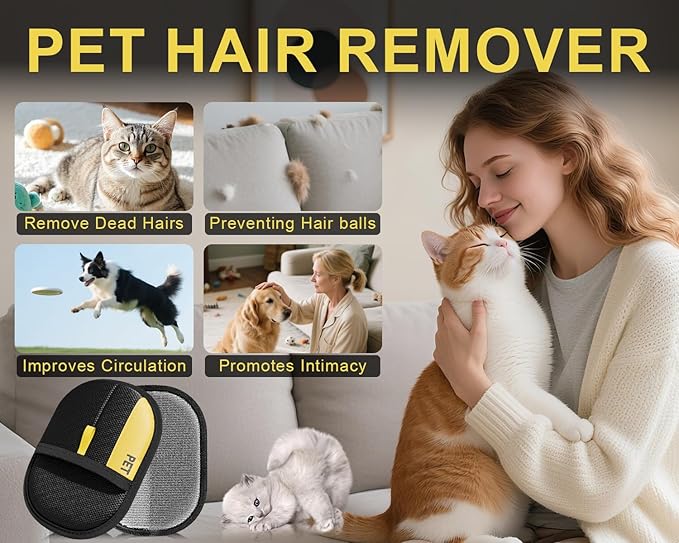 2Pcs Electrostatic Gloves Pet Hair Removal, Reusable Cat &amp; Dog Hair Remover for Couch, Furniture, Carpet, Curtain, Upgraded Animal Fur Removal Tool, Cat Grooming Gloves