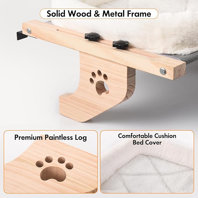 AMOSIJOY Cat Sill Window Perch Sturdy Hammock Seat with Cushion Bed Cover, Wood &amp; Metal Frame for Large Cats, Easy to Adjust Windowsill, Bedside, Drawer and Cabinet (L)