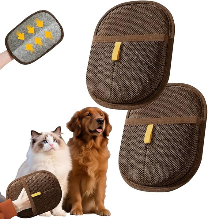 2Pcs Pet Hair Removal Gloves for Dogs and Cats, 2025 Upgraded Electrostatic Magic Hair Remover Glove,Reusable for Couch, Car Seat, Clothing, Carpet, Furniture &amp; Bed Sheets(Brown)