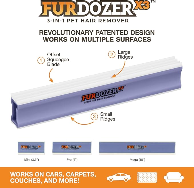 FurDozer X3 MEGA Pet Hair Remover &amp; Auto Detailing Tool - Cat &amp; Dog Hair Remover for Carpet, Car Interior, Couch, Bedding, &amp; Furniture - Reusable Pet Hair Removal Tool for Dog Fur &amp; Lint, 10", Purple