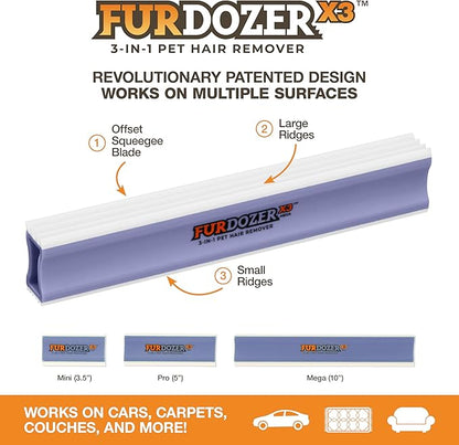 FurDozer X3 MEGA Pet Hair Remover &amp; Auto Detailing Tool - Cat &amp; Dog Hair Remover for Carpet, Car Interior, Couch, Bedding, &amp; Furniture - Reusable Pet Hair Removal Tool for Dog Fur &amp; Lint, 10", Purple