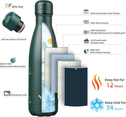 Insulated Water Bottles,17 oz Double Wall Stainless Steel Vacumm Metal Flask for Sports Travel,Army Green