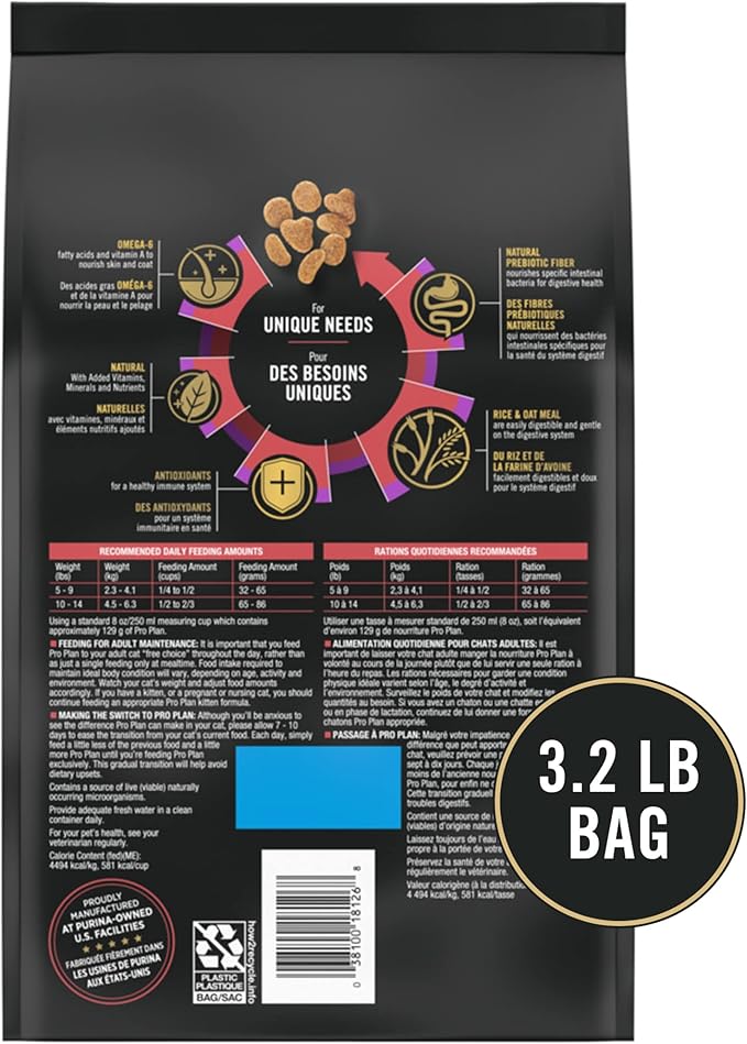 Purina Pro Plan With Probiotics, Sensitive Skin &amp; Stomach, Natural Dry Cat Food, Turkey &amp; Oat Meal Formula - 3.2 lb. Bag