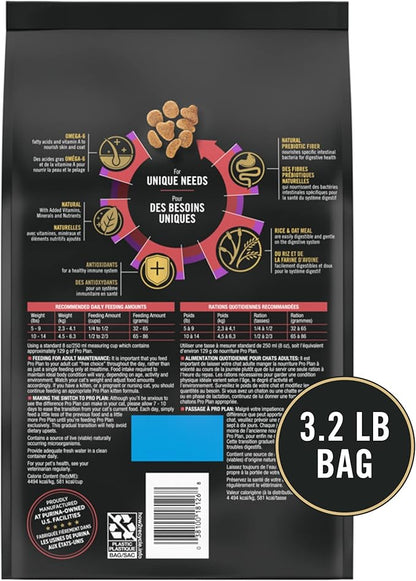 Purina Pro Plan With Probiotics, Sensitive Skin &amp; Stomach, Natural Dry Cat Food, Turkey &amp; Oat Meal Formula - 3.2 lb. Bag
