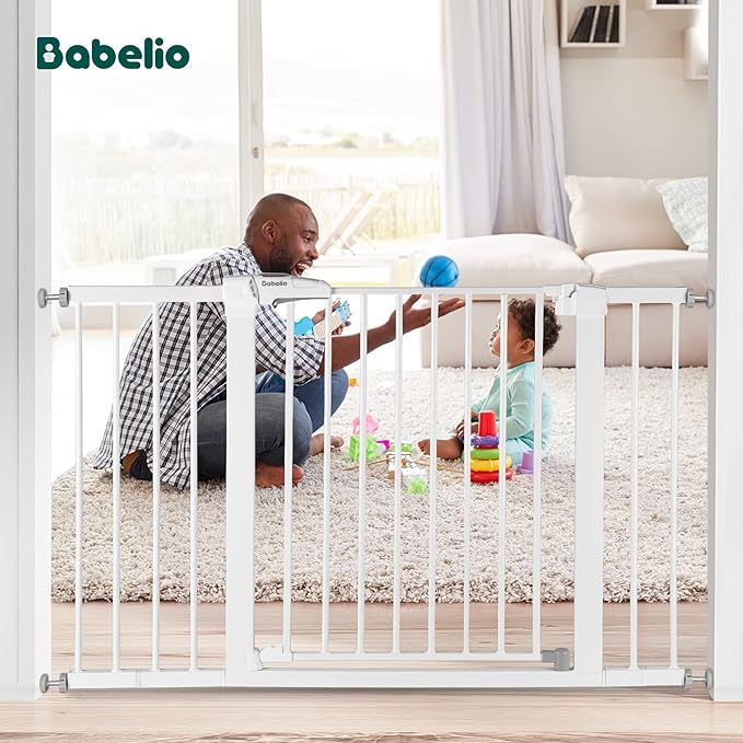 Babelio Metal Baby Gate, 29-48“ Auto Close Easy Install Pet Gate, Extra Wide Walk Thru Child Safety Gate, Pressure Mounted Dog Gate for Doorways &amp; Stairs, with Y Spindle Rods, White