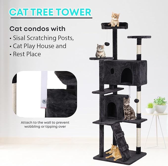 FDW Cat Tree 70in Cat Tower Multi-Level Durable Cat Scratching Post &amp; Cozy Fun Cat Jumping Platform Space Saving Cat Condo Pet Play House for Indoor Cats,Dark Gray