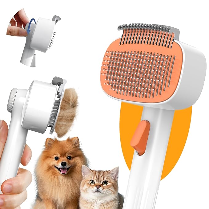 Self Cleaning Slicker Brush, 2-in-1 Cat Brush for Shedding, Skin Friendly Grooming Tool for Long &amp; Medium-Long Hair Pets, Adjustable Bristle Length with Dematting Comb for Cats, Dogs (Orange)
