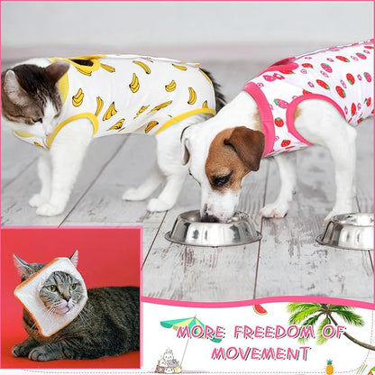 Nuanchu 3 Pieces Cat Recovery Suit Kitten Recovery Suit E-Collar Alternative for Cats and Dogs Abdominal Skin Anti Licking Pajama Clothes Sets(Strawberry Pattern,Small)