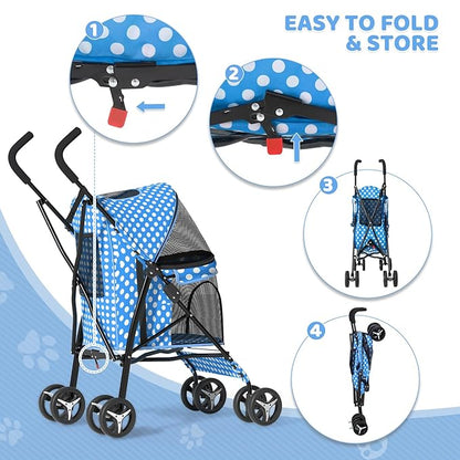 Magshion Compact Pet Stroller for Small-Medium Dogs/Cats up to 22lbs, 4-Wheel Lightweight Umbrella Shaped Portable Puppy Travel Jogger with Breathable Mesh &amp; Rear Storage, Sky Blue Polka Dots