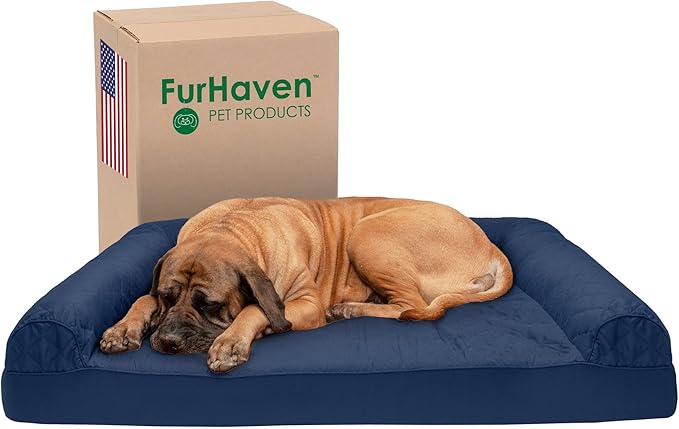 Furhaven Cooling Gel Dog Bed for Large Dogs w/ Removable Bolsters &amp; Washable Cover, For Dogs Up to 125 lbs - Quilted Sofa - Navy (Blue), Jumbo Plus/XXL