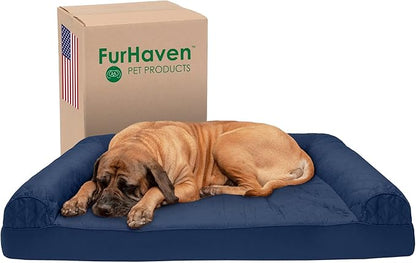 Furhaven Cooling Gel Dog Bed for Large Dogs w/ Removable Bolsters &amp; Washable Cover, For Dogs Up to 125 lbs - Quilted Sofa - Navy (Blue), Jumbo Plus/XXL